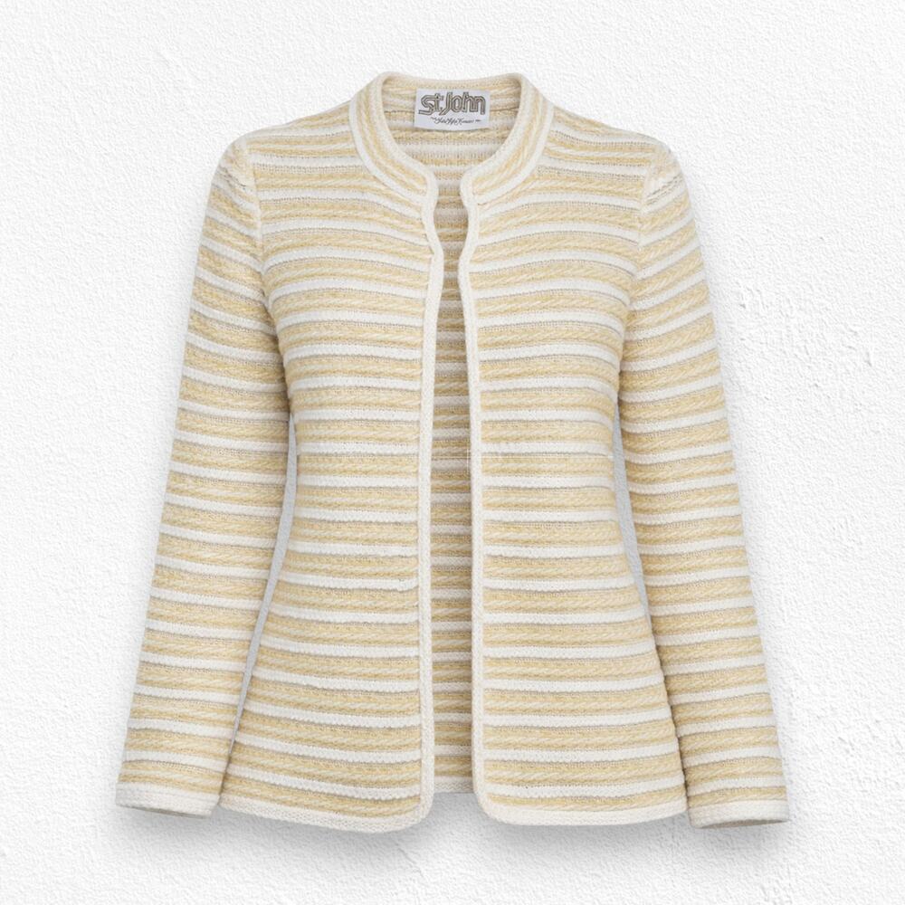 Vintage 70s St. John Yellow White Knit Sweater Cardigan Style Blazer Size Small